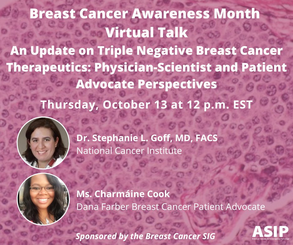 ASIPath's tweet image. Don't forget to register for tomorrow's FREE Breast Cancer Awareness Virtual Talk at 12 p.m. ET! Thank you to the ASIP Breast Cancer SIG for sponsoring.  Register here bit.ly/3xWgWhE #ASIPvirtual