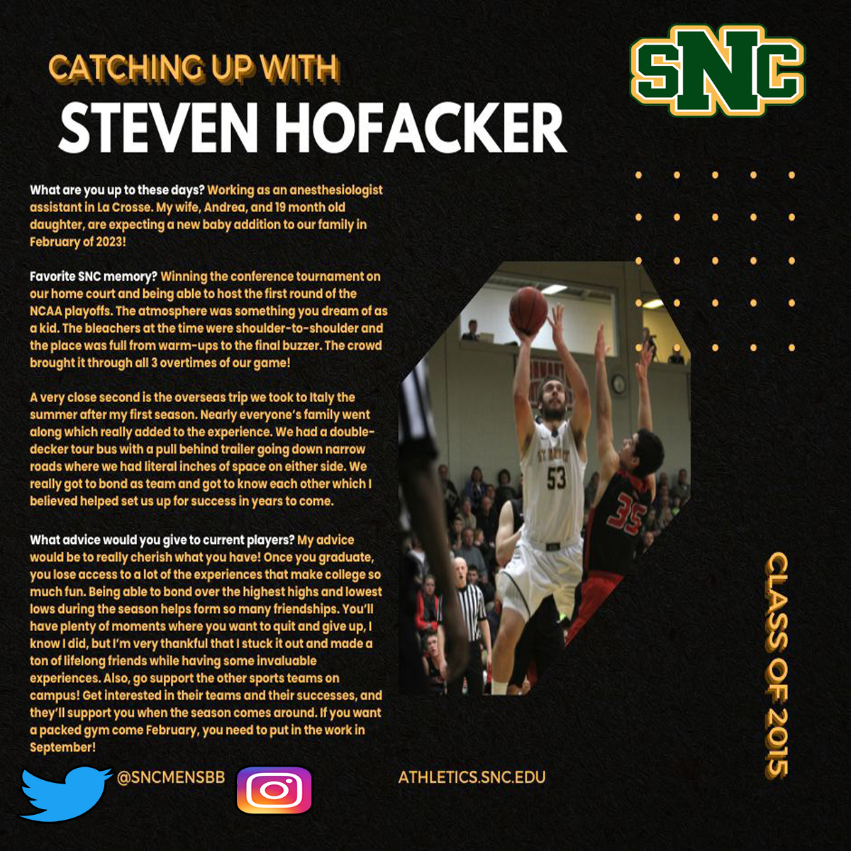 SNCMensBB's tweet photo. Recently caught with 2015 alum @hofackno to find out what he is up to these days!  #gogreenknights
⚔️🏀 https://t.co/64C4Ywae2w