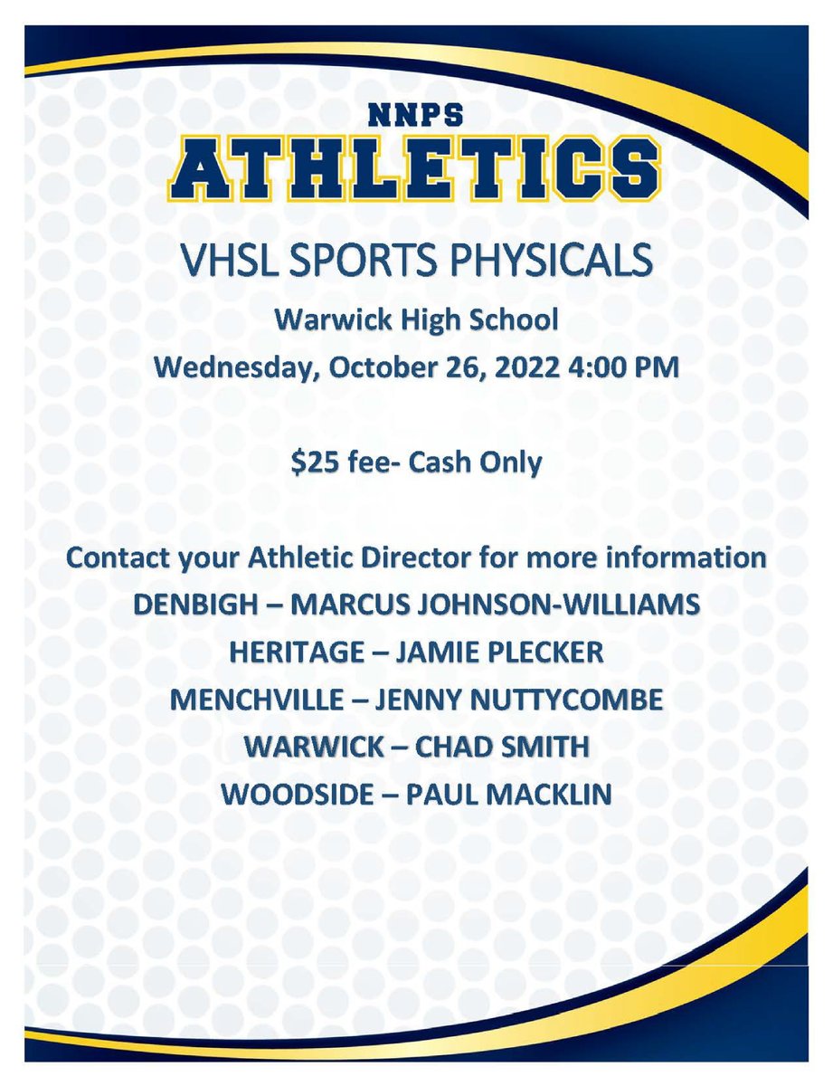 VHSL Sports Physicals will be held at Warwick High School Wednesday, October 26 at 4:00 p.m. for $25.00 each (cash only). For more information, please contact your school's Athletic Director. <a href="/WarwickRaiders/">Warwick High School</a>