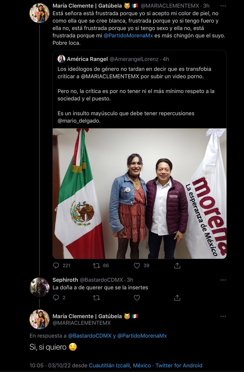 bimduva_n's tweet photo. @MARIACLEMENTEMX @AccionNacional @teresacastellmx @AmerangelLorenz ¿Habla de discriminación quién hizo mofa de la Dip. @AmerangelLorenz por su color de piel, ademas de hacer insinuaciones sobre su vida sexual y llegar al punto en donde dijiste que te gustaría "insertarla"? Eres lo mas bajo de lo bajo. https://t.co/DyA8Mqojmc