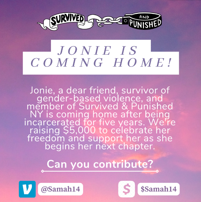 survivepunishNY's tweet photo. Our comrade Jonie is coming home! She won resentencing under the Domestic Violence Survivors Justice Act—but because NY's commitment to survivors is non-existent, she will need lots of funds to help rebuild upon release. Can you help us welcome her home?
V: @ Samah14
C: $ Samah14 https://t.co/47UQFy4Xuw