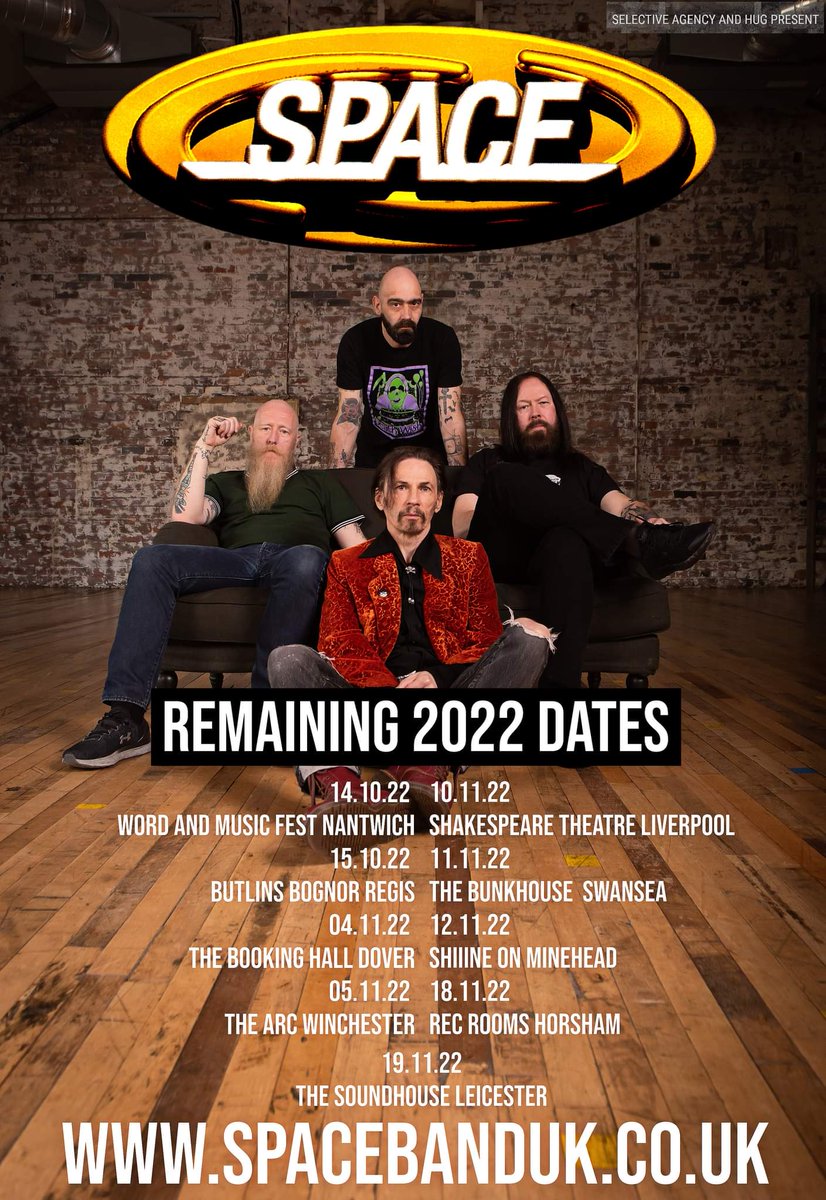 #Space Remaining Tour Dates 2022 14/10/ @wordsnmusicfest 15/10 @Butlins 04/11 @the_bookinghall 05/11 @ArcWinchester 10/11 @cultureKnowsley 11/11 @bunkhousebar 12/11 @ShiiineOn_ 18/11 @RoomsRec 19/11 @The_Sound_House Tickets Available spacebanduk.co.uk