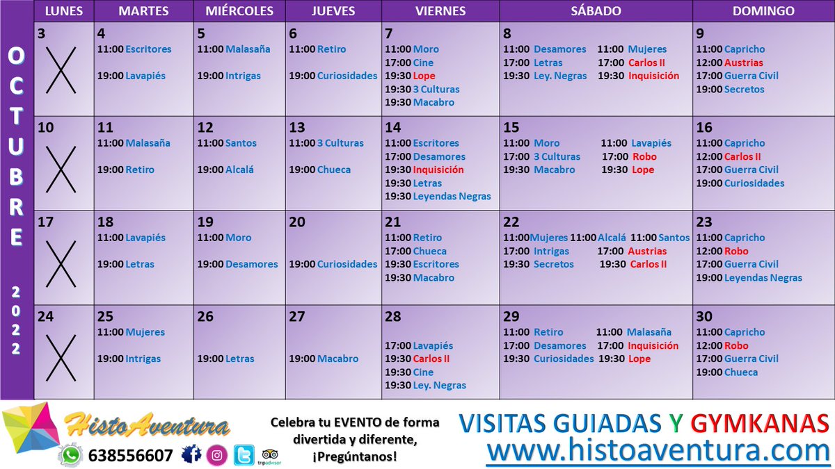 Agenda actividades de  #Octubre2022 en #Madrid 👣👀
¡No te quedes sin planes este mes! 

Reservas a través de:⠀⠀⠀⠀⠀⠀⠀
☎️ 638556607 / grupos privados 634535025
🔗 histoaventura.com 
✉️ Info@histoaventura.com

¡PLAZAS LIMITADAS! ¡OS ESPERAMOS!