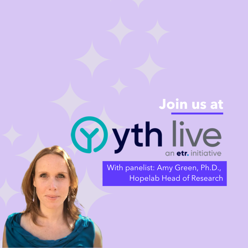 Hopelab's tweet photo. Join us today at #YTHLive to hear from our Head of Research, Amy Green, Ph.D.! She’ll be discussing how digital interventions can support solutions for the global #mentalhealth crisis, as part of the Breakdowns and Breakthroughs session. @ythorg