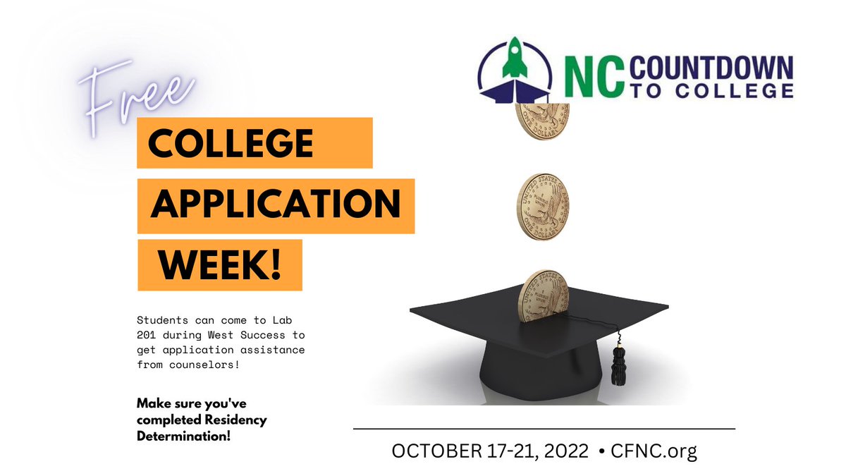 Free application week is just around the corner. Make sure to finish residency determination ASAP so you are ready to go on Monday! ncresidency.cfnc.org/residencyInfo/