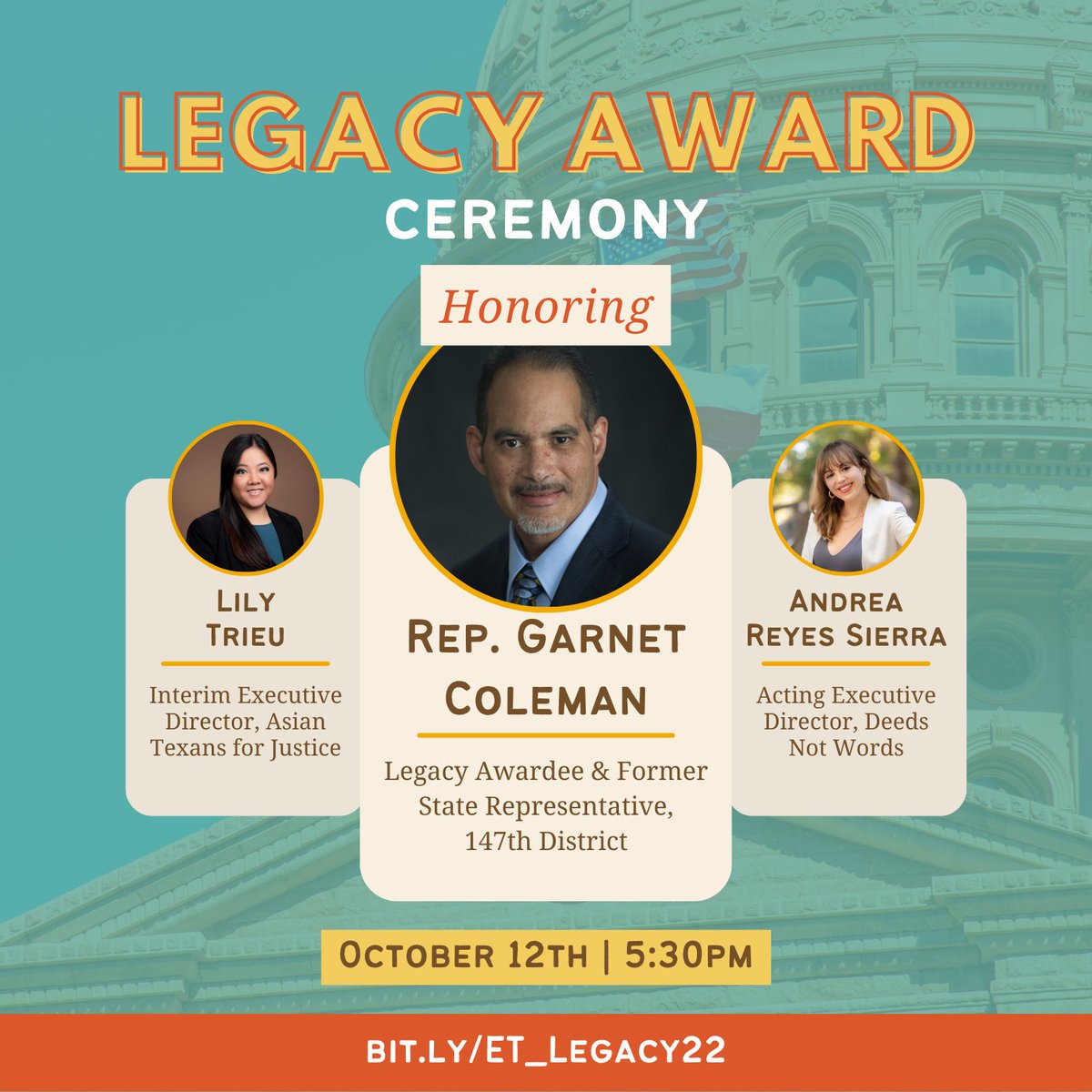 Today's the day! Our 2022 Legacy Award ceremony honoring Rep. <a href="/GFColeman/">Garnet Coleman</a> begins at 5:30pm CT. We'll also be honoring our Future of Texas award recipients <a href="/lily_trieu/">lily trieu</a> and Andrea Reyes Sierra. 

Don't miss our live stream: bit.ly/ET_Legacy22