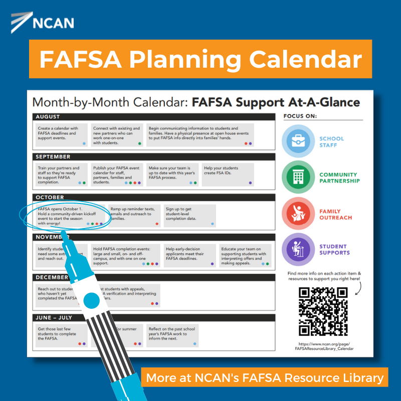 NCANetwork's tweet photo. The 2023-24 FAFSA is now open! 📄

NCAN's FAFSA Resource Library has a plethora of training approaches, tools, and data for counselors &amp; other practitioners to use to help 100% of their students complete the form and unlock financial aid!