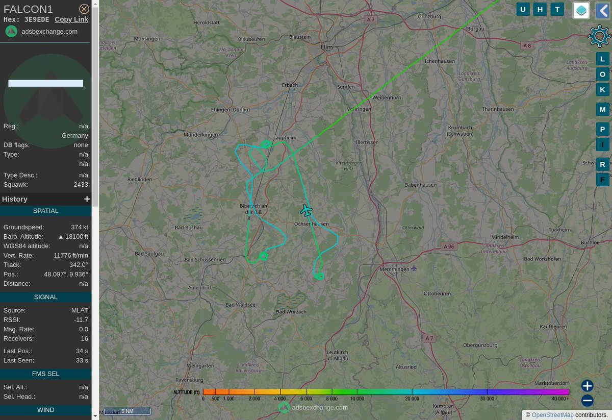 Radar_Assistant's tweet image. MULTI ADSBX MANOEUVRING ALERT : At time Wed Oct 12 17:09:46 2022 #FALCON1  was likely to be manoeuvring at FL175 9nm from LUP Laupheim_NDB_DE
 near 76, Saulgauer Straße, Mittelberg, Biberach an der  #AvGeek #ADSB globe.adsbexchange.com/?icao=3E9EDE&amp;amp;z…