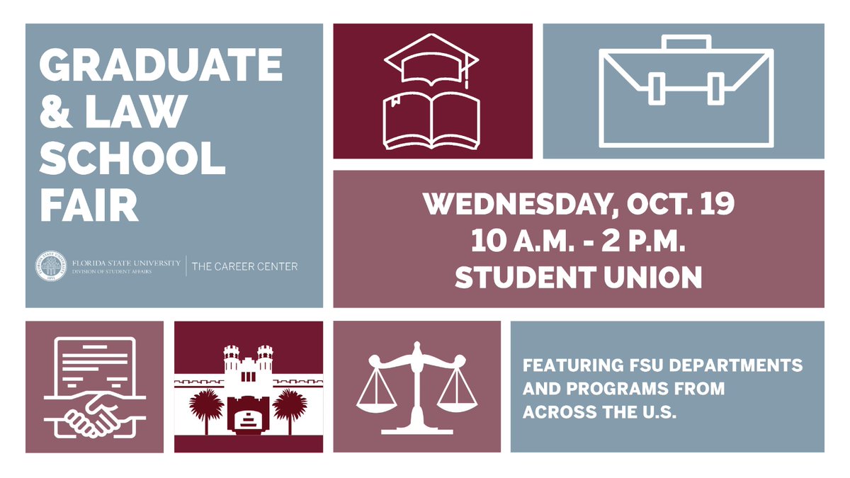 FSUCareerCenter's tweet photo. If you are a Grad and/or Law School student or future student, this post is for you! Next Wednesday, representatives from 100 different grad and law schools from all over the country will be on campus looking to meet you! More details here: https://t.co/LETyTCmBxl
#HireANole https://t.co/HyrlOLm8xV
