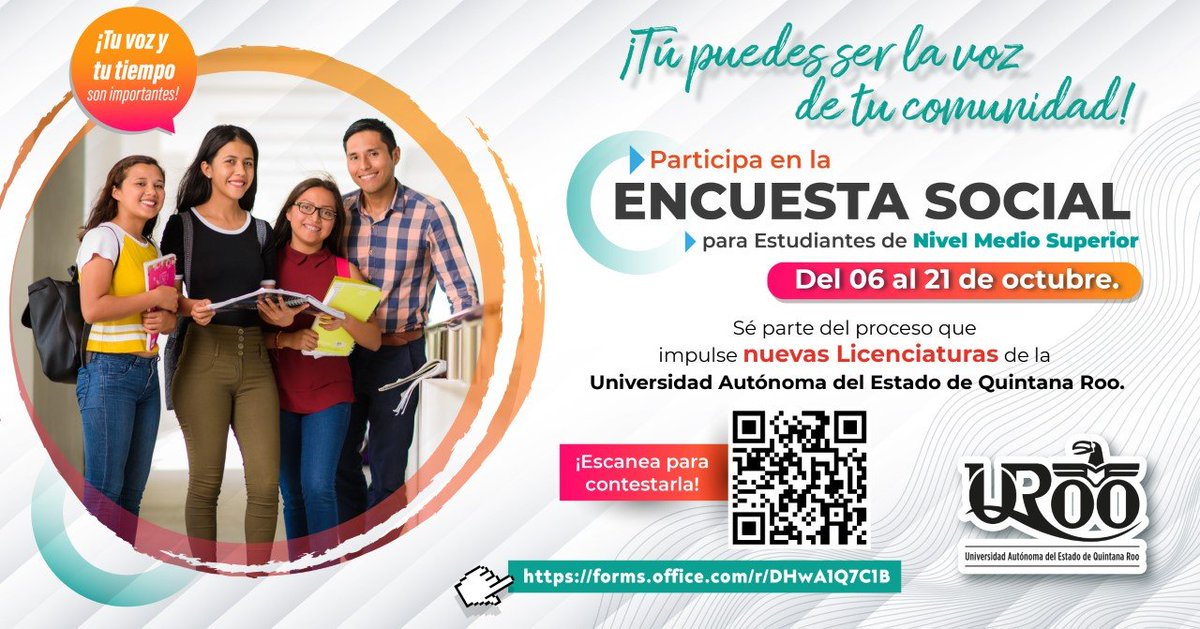 ¡Tu opinión es muy importante para crear nuestra nueva oferta educativa!  

Escanea el código QR o da click en la imagen para participar en la ENCUESTA:  

forms.office.com/r/DHwA1Q7C1B
