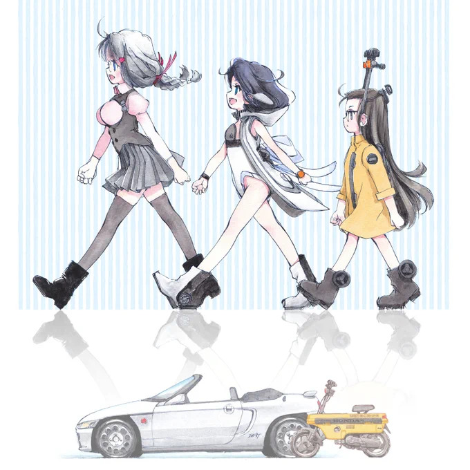 同人誌の表紙絵です。アナログで描いて合成。ペンのサイズと比較してもらえると、そこそこ大きな絵で描いてます。#モトコンポ  #おやすみ過去絵 