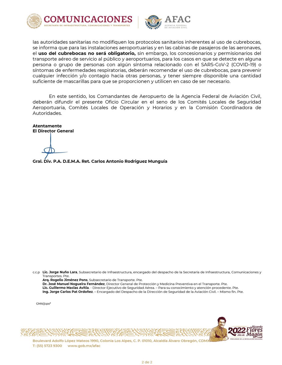 MaraLezama's tweet photo. ¡Importante información emitida por la @SCT_mx! ⚠️ La Agencia Federal de Aviación Civil dio a conocer que a partir de hoy, el uso de cubrebocas en aeropuertos y abordo de aeronaves en México, ya no es obligatorio. ✈️
#AFAC_mx 👇🏾 https://t.co/M6QkK7zcKQ