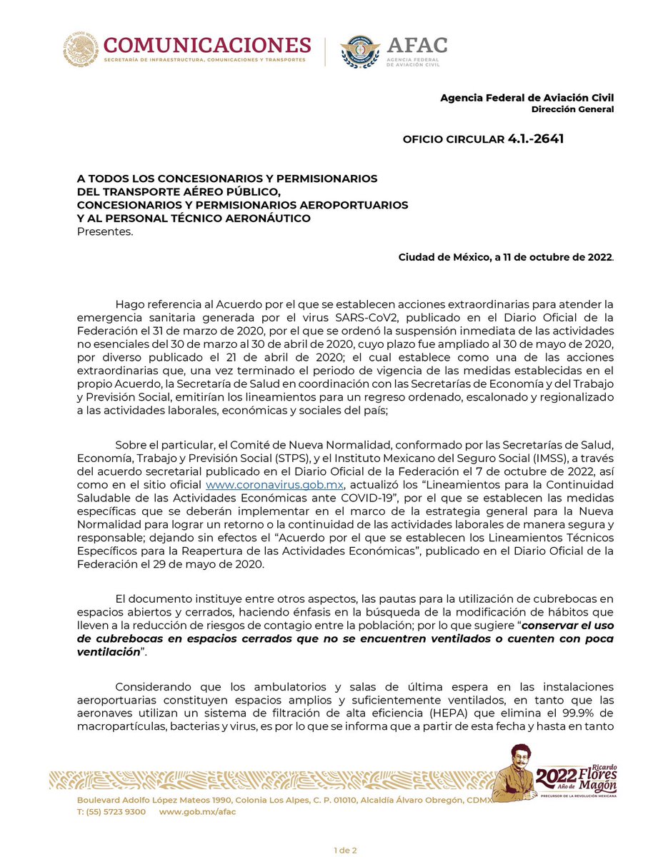 MaraLezama's tweet photo. ¡Importante información emitida por la @SCT_mx! ⚠️ La Agencia Federal de Aviación Civil dio a conocer que a partir de hoy, el uso de cubrebocas en aeropuertos y abordo de aeronaves en México, ya no es obligatorio. ✈️
#AFAC_mx 👇🏾 https://t.co/M6QkK7zcKQ