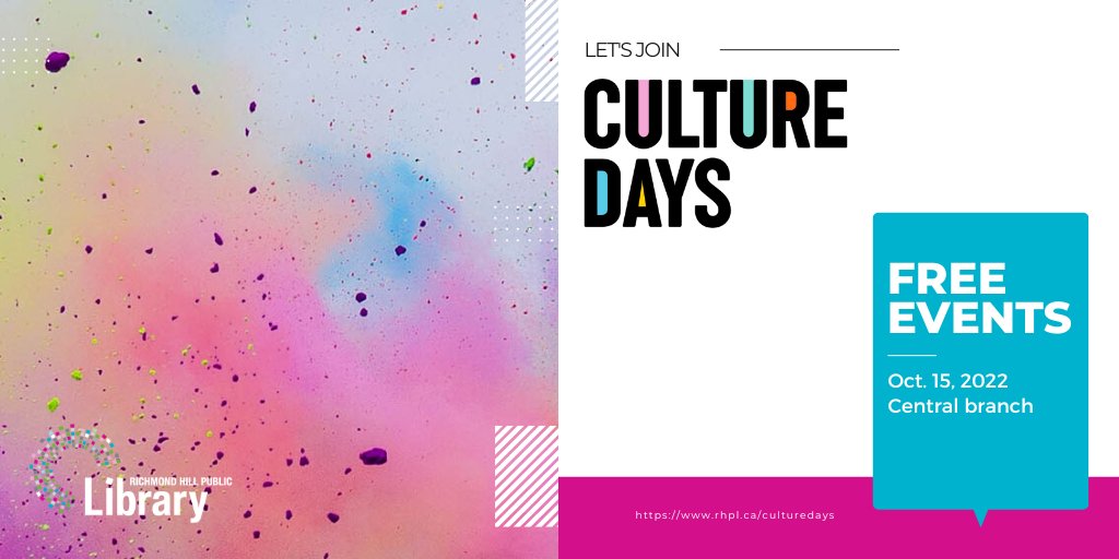RichmondHillPL's tweet photo. Culture Days at Central branch is happening this Saturday! Drop in to explore watercolour painting, origami, music, dance and more! See our full Culture Days lineup: https://t.co/lGw5vSR3iy https://t.co/Kj532WBoGS