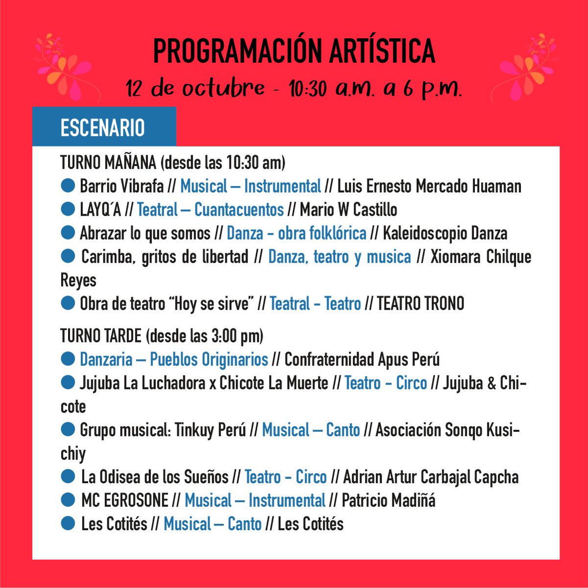 perucvc's tweet photo. 🔥PROGRAMACIÓN FERIAL🔥

(1/2)
¡SÚMATE HOY a las actividades en el espacio público🫀! Estamos latiendo hoy desde el Parque Cívico de Santa Clara de Ate (Av. La Estrella 15487). https://t.co/Imbt6iEKws