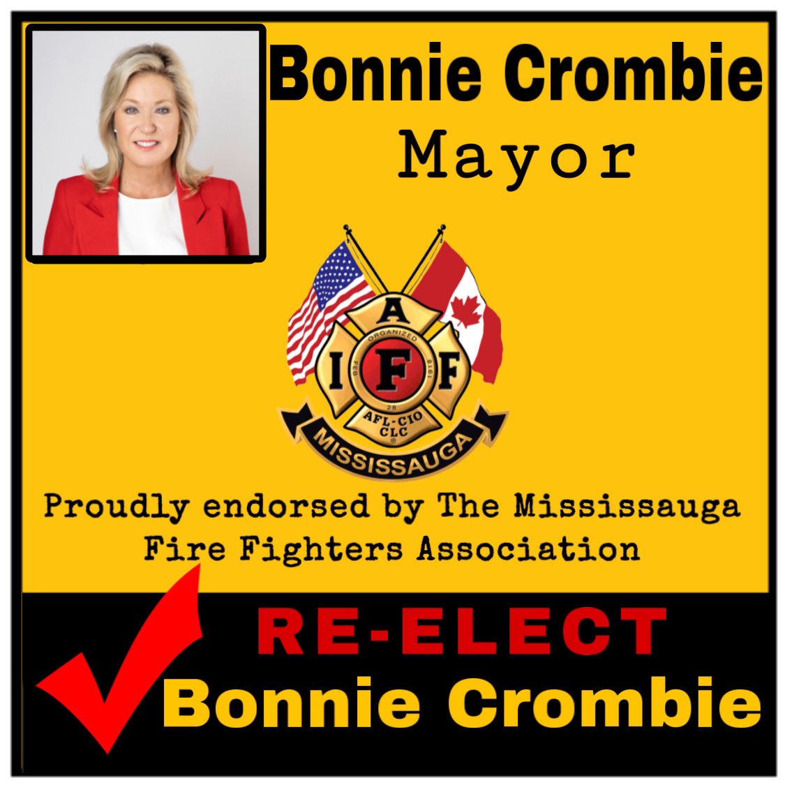 The Mississauga Fire Fighters Association is proud to endorse Bonnie Crombie for Mayor. She will ensure community safety remains a top priority. We value her strong voice at City Hall &amp; long standing friendship with Local 1212. 

Vote Bonnie Crombie for Mayor! 
#MississaugaVotes