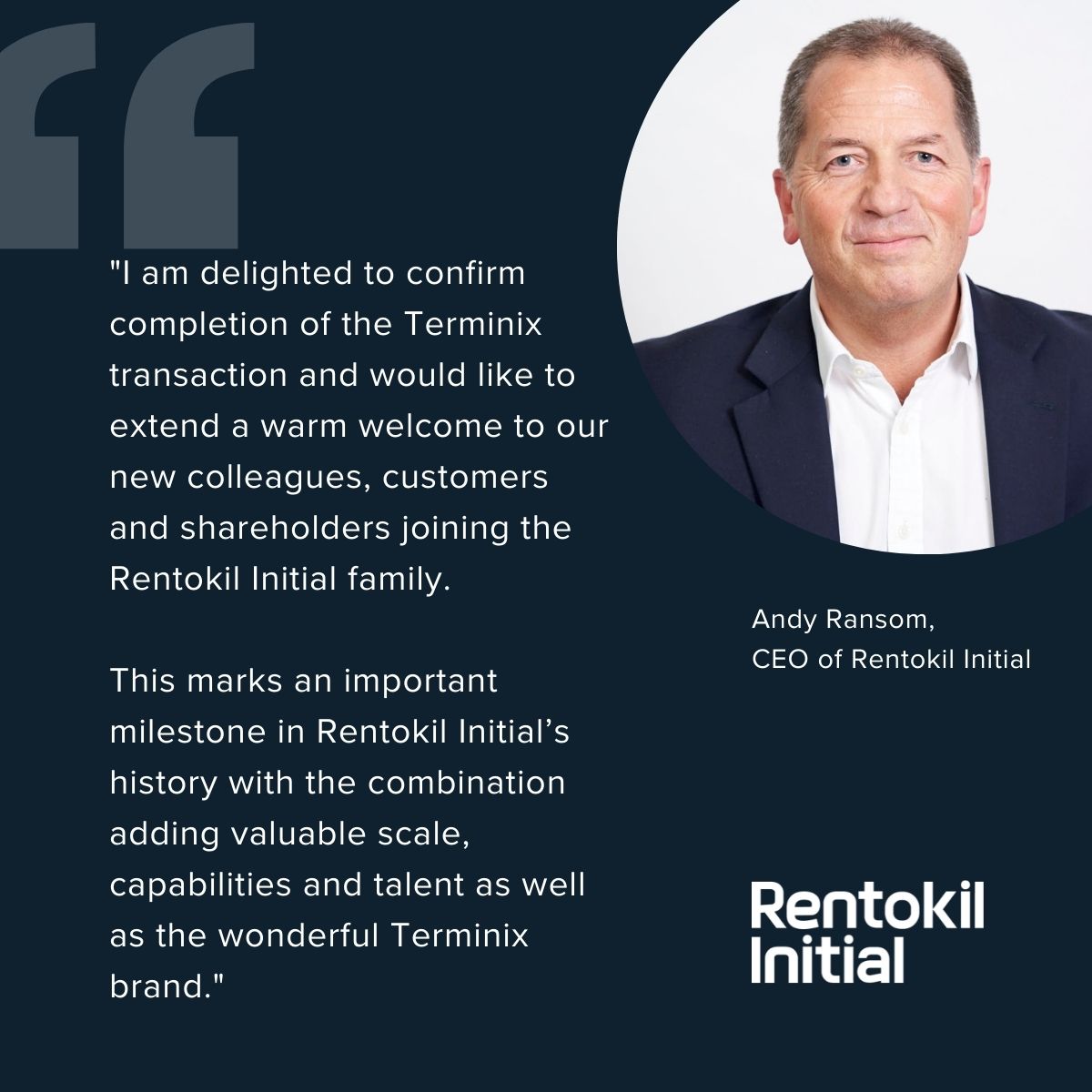 RentokilInitial's tweet photo. Andy Ransom, CEO of Rentokil Initial, announces completion of Terminix transaction and welcomes our new colleagues. https://t.co/UyK9ZQ6pe0
