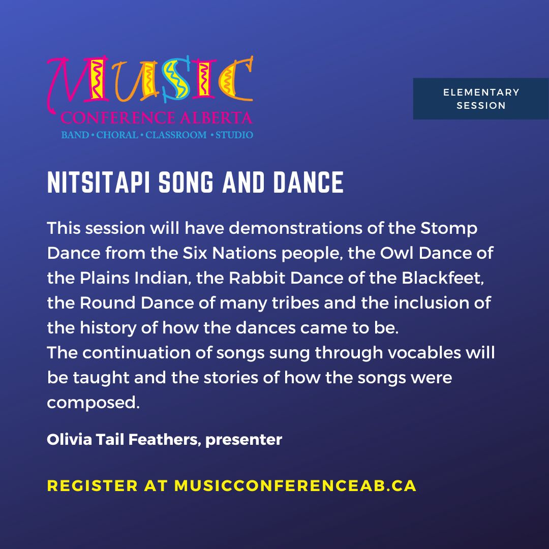 Olivia Tail Feathers will be presenting two sessions at #mca22! 

Swipe to learn more about "Contemporary Blackfoot Music in the Classroom" and "Nitsitapi Song and Dance"

#elementary teachers, you won't want to miss these sessions! 

#abeducation #musiced #alberta #music #educat