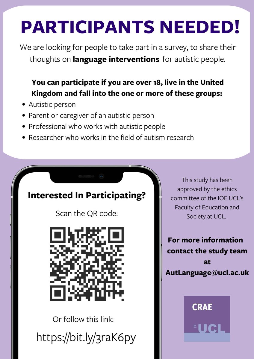New survey on language interventions for autistic people!
If you're...
✅ an autistic person
✅ a parent/carer of an autistic person
✅ a professional (e.g., SLT) working with autistic ppl
✅ an autism researcher
AND in the UK, please consider taking part! bit.ly/3raK6py