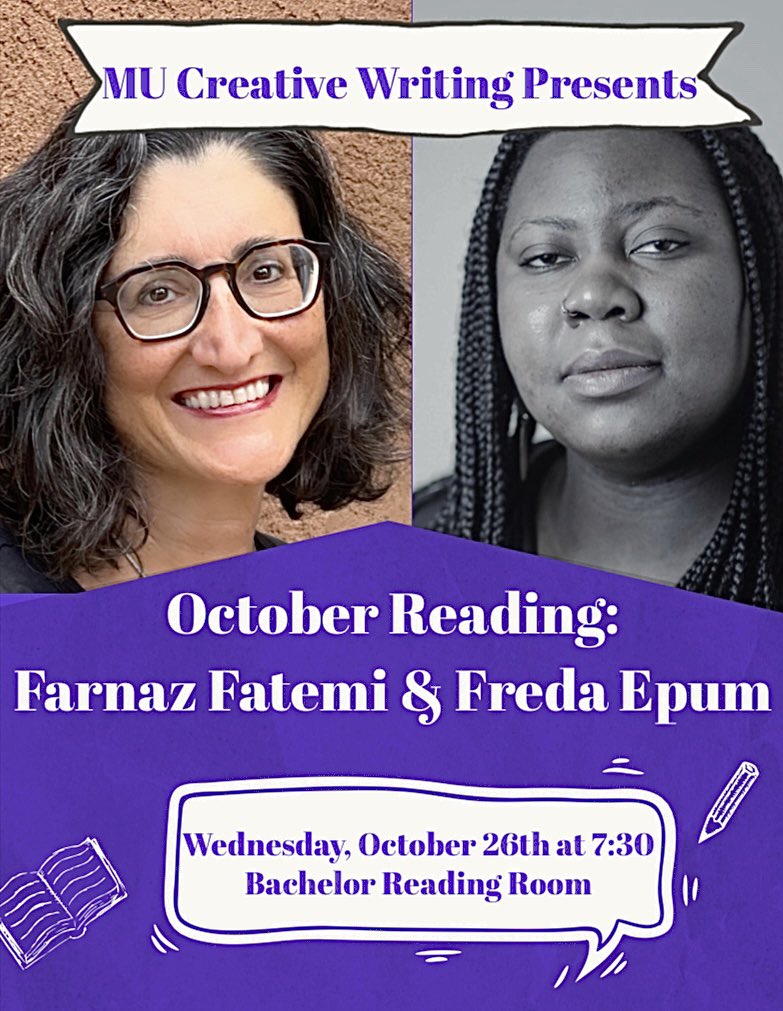 MU Creative Writing (@miamioh_cw) on Twitter photo Save the date! Iranian American poet <a href="/sasqitoon/">Farnaz Fatemi</a> Farnaz Fatemi and Nigerian-American writer and MFA alum @ByThePunchBowl Freda Epum will be reading in Bachelor Reading Room in TWO weeks, on 10/26 at 7:30. Save the date! Iranian American poet <a href="/sasqitoon/">Farnaz Fatemi</a> Farnaz Fatemi and Nigerian-American writer and MFA alum @ByThePunchBowl Freda Epum will be reading in Bachelor Reading Room in TWO weeks, on 10/26 at 7:30.