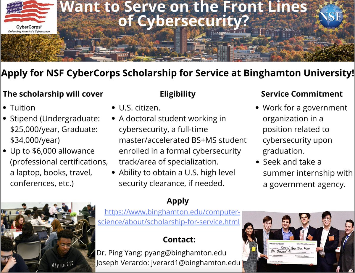 Current and prospective Binghamton seniors and graduate students: we are accepting applications for our new NSF SFS program. Its a great opportunity to learn about cybersecurity from our faculty and set yourself up for government work. Details below. <a href="/bing_watson/">Watson College - Binghamton University</a> <a href="/PingYan92905239/">Ping Yang</a>