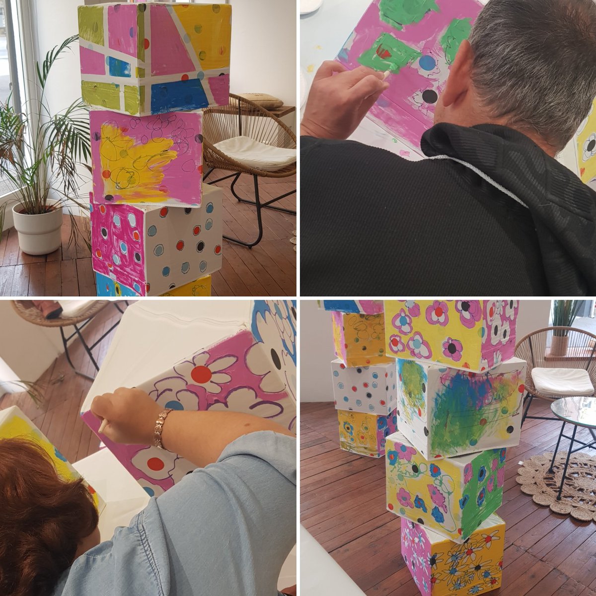 Aujourd'hui chez Art et Vie, création de cubes peints par les résidents de l'APEI.
Une belle matinée de travail dans la galerie du CEVAD