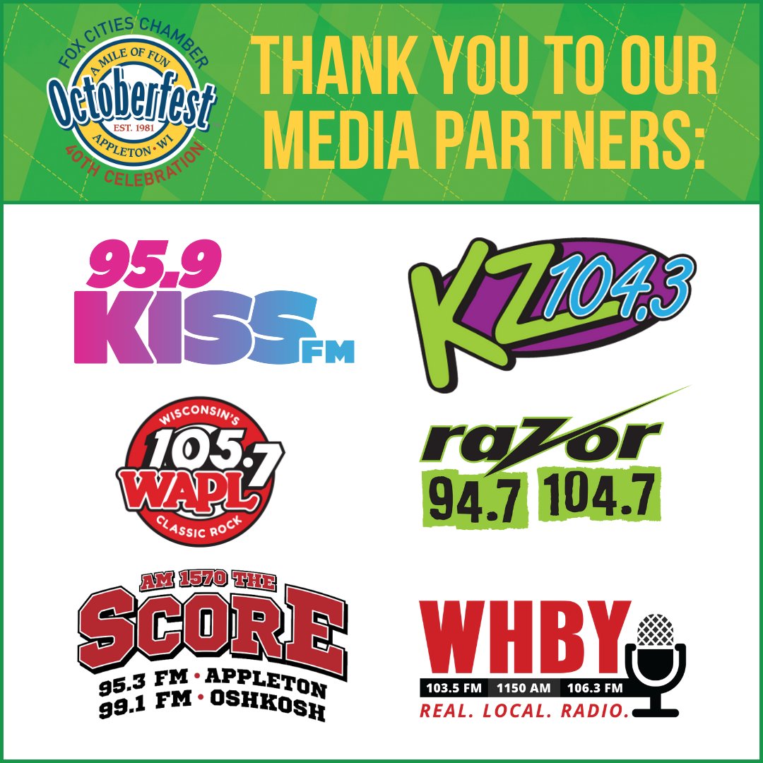 WIOctoberfest's tweet photo. Shout-out to the following radio stations for their ongoing support of #AppletonOctoberfest and helping spread the word of our return.

🎙️@KISSFMGreenBay 
🎙️KZ 104.3 
🎙️@waplrocks 
🎙️@RazorWisconsin 
🎙️@thescorewi 
🎙️@whby https://t.co/jB9e7Yczae