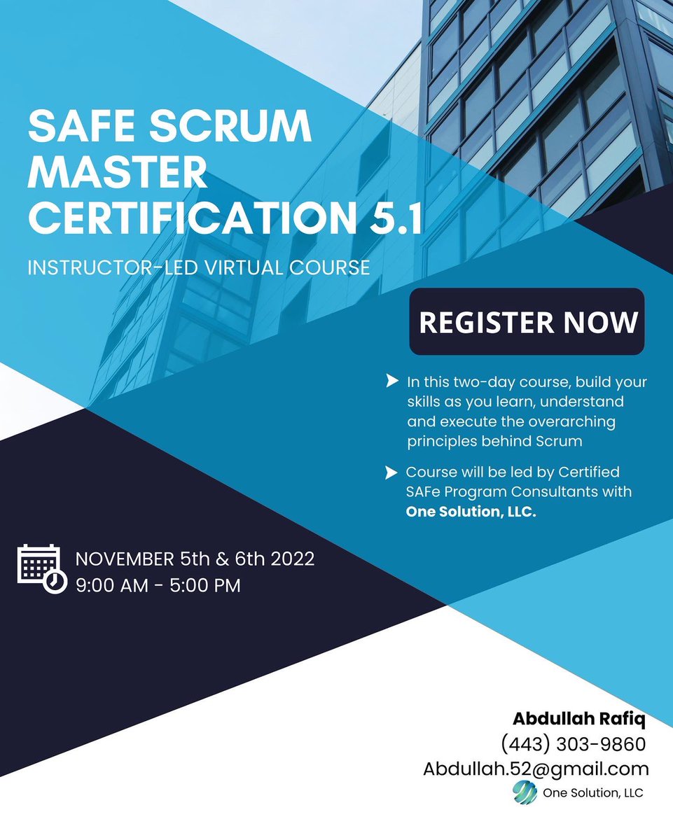 AbdullahRafiq_'s tweet photo. Are you looking for an opportunity to advance in your career? Join us and register for the next class.

Now's your chance to enroll! For more information, Direct Message me or Email:

ABDULLAH RAFIQ
Abdullah.r52@gmail.com
One Solution, LLC https://t.co/yJDYM1yMUp