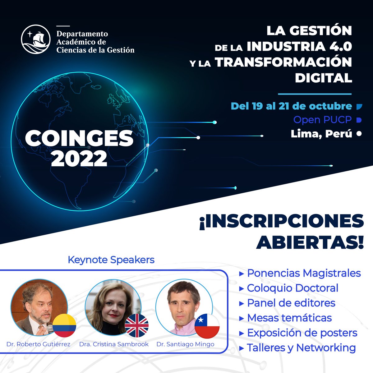 DACG_PUCP's tweet photo. ¡Quedan #2días para cerrar inscripciones! No dejes pasar la oportunidad de ser parte de la #4taEdición de nuestro #COINGES2022 a realizarse los días 19, 20 y 21 de #Octubre en #OpenPUCP (Lima, Perú).
📍Ver Programa: https://t.co/kU6td9ZIbc https://t.co/kdTpF5zkZJ