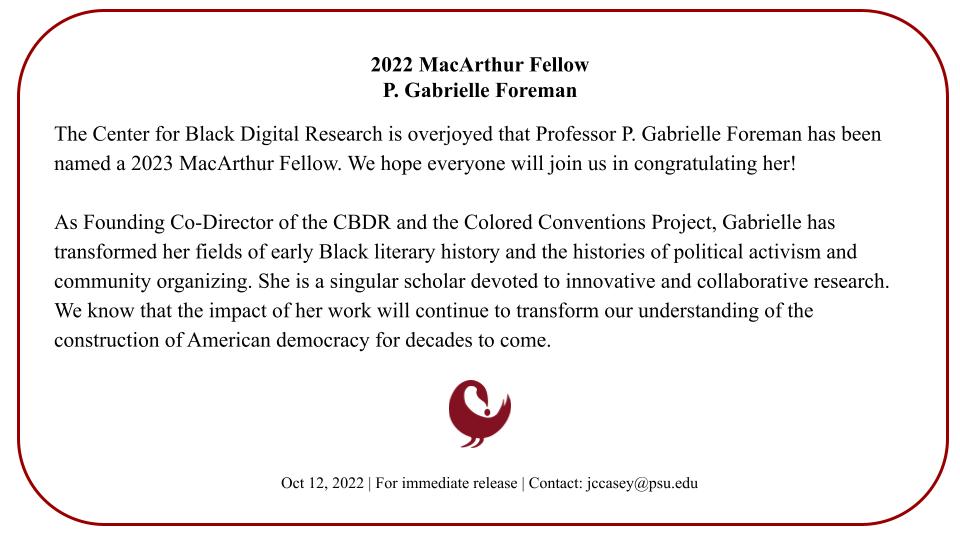 CCP_org's tweet photo. We are overjoyed that our co-director, P. Gabrielle Foreman, has been named a 2022 MacArthur Fellow!

Please join us in congratulating @profgabrielle! https://t.co/VOqgakvTsa