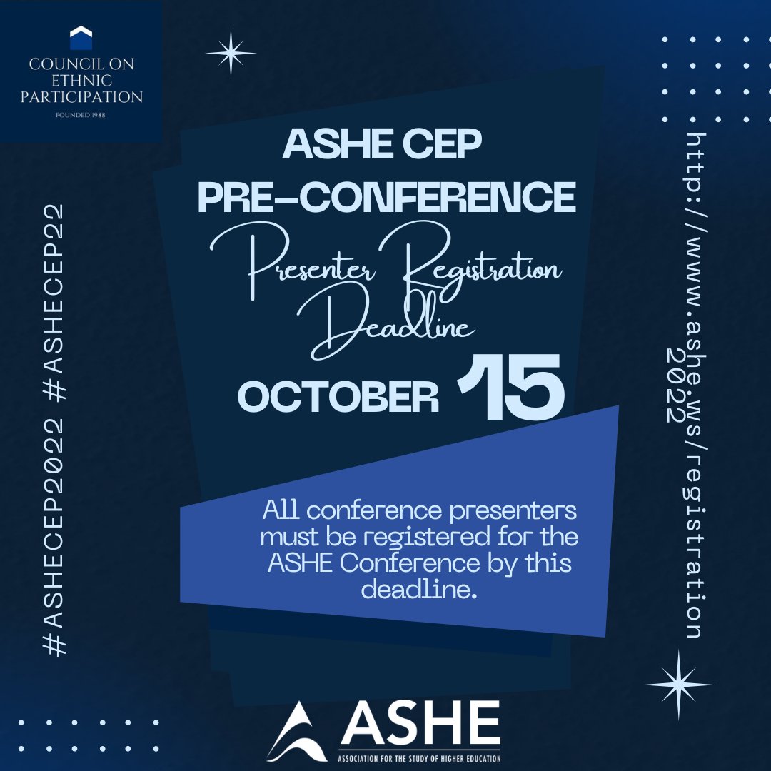 Presenting at ASHE? Don’t forget to register by the presenter’s registration deadline of Oct 15th. Check out the presenter guide for more information about presenting and submitting papers. ashe.ws/presenterguide