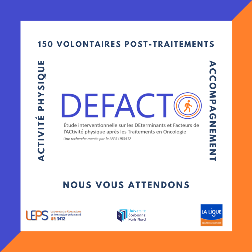 DEFACTO, c'est toujours d'actualité ! Si vous voulez bénéficier d'un accompagnement en Activité physique adaptée: n'hésitez plus !
Contactez: étude.defacto@gmail.com ou au 06.16.88.31.60