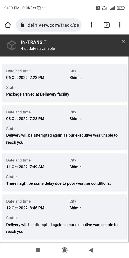 akshay_dipta's tweet photo. @help_delhivery @delhivery My parcel has stuck from last week or so and they are just wasting time. It seems like guys don’t want to deliver it. https://t.co/apmNJCPuAE