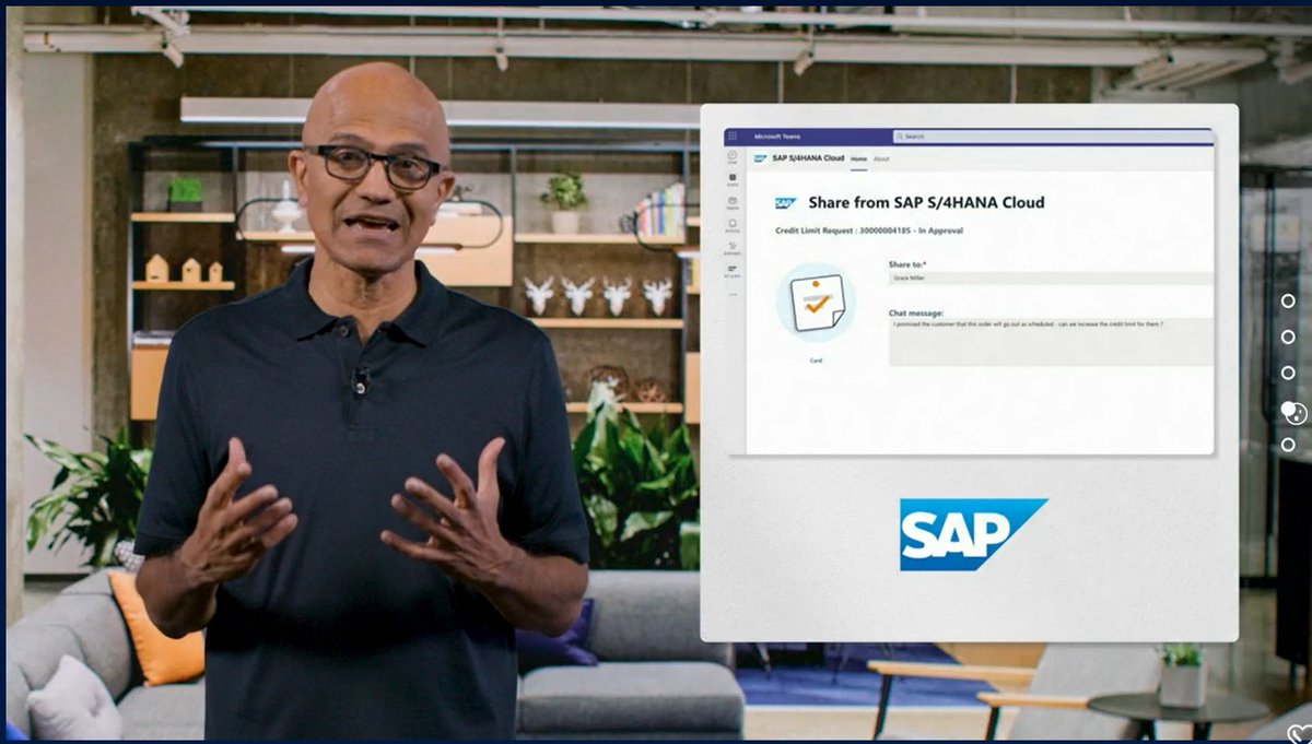 hobru's tweet image. Satya showing the new integration of SAP S/4HANA Cloud with Microsoft Teams! #MSIgnite  #DSAGJK22 #CollaborativeApps