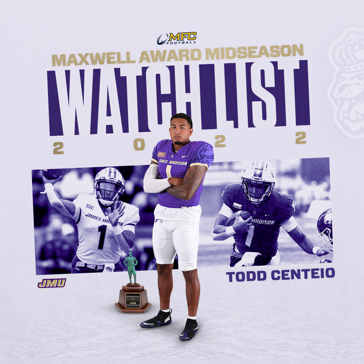 𝐌𝐀𝐗𝐖𝐄𝐋𝐋 𝐀𝐖𝐀𝐑𝐃 👀 @toddycenteio has been selected to the midseason watch list for the prestigious Maxwell Award! 📰 bit.ly/3emGlL5 #GoDukes | #SunBeltFB