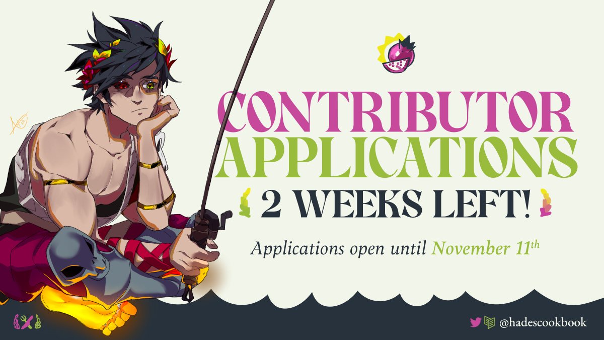 hadescookbook's tweet photo. Two weeks to apply to Hell's Kitchens! Hey, if you're going trick-or-treating, head on by the Styx to see how Zag's doing? Maybe share a treat? 🍬

🖌️ https://t.co/n1dBZ9ewDi
🖊️ https://t.co/wezN6PnKl7
🌟 https://t.co/y5AS18gaUA
🗓️ Oct 14 – Nov 11 (ET)
📄 https://t.co/fkiXV4SYDD https://t.co/qTZHCgHE6o
