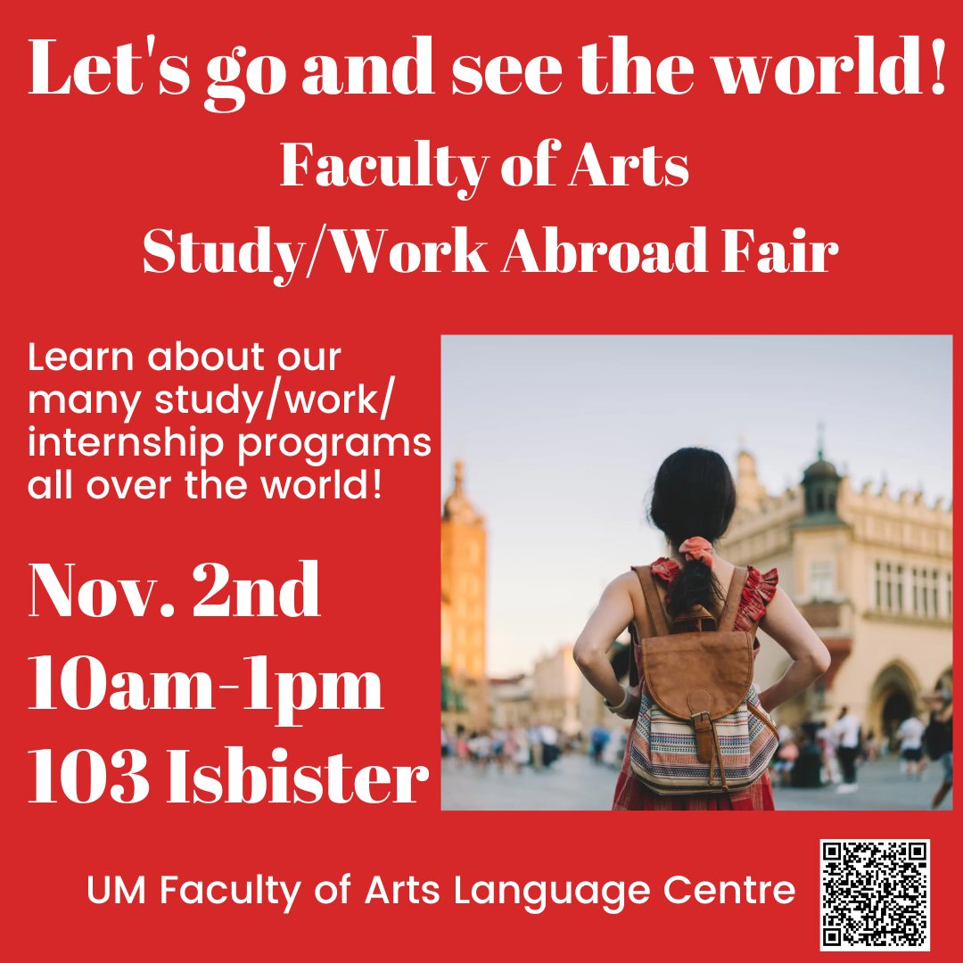 UM_FSI's tweet photo. Interested in studying/working abroad? The Faculty of Arts Study/Work Abroad Fair will take place Nov. 2nd, from 10am to 1pm.

@umanitoba 
@UMArtsFaculty 
#StartAtArts https://t.co/q3VqSYDIkT