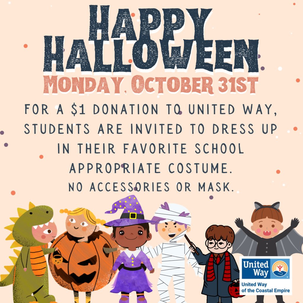 Your Wildcat is invited to dress up in their favorite school-appropriate costume on Halloween with a $1 donation to United Way! 🎃 Please no accessories or masks.