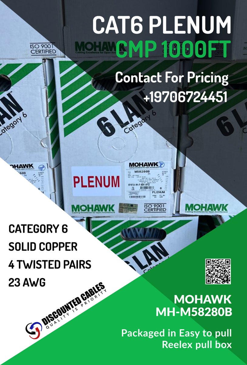 discountedcable's tweet image. Mohawk US-Made CAT6 Plenum Cable Available in Stock.
 
#mohawkcable #cat6cmp #cat6plenum #lowvoltagecable #networkingsolutions #solidcopper #usamade
