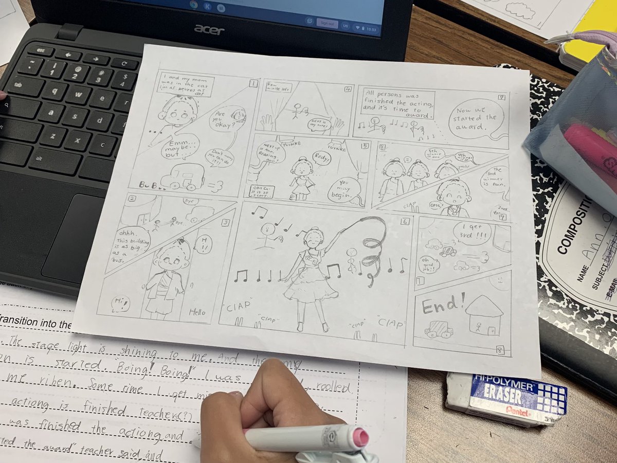 elisewhitediaz's tweet image. Can newcomers write a #personalnarrative? You bet! Beginners tell their stories by illustrating a graphic novel, including the elements of plot. Then they point at the pictures and search for words to describe what is happening. @FISD_EB @Seidlitz_Ed