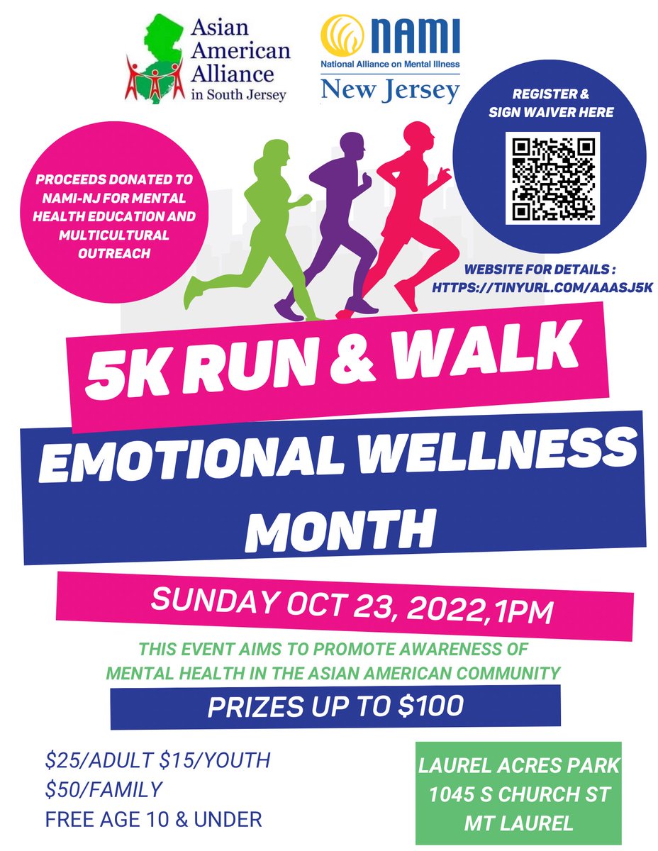 JessCKim1's tweet photo. Run or walk to support the mental health of your Asian American friends and neighbors in South Jersey. Proceeds will be donated to NAMI New Jersey to expand their multicultural outreach programs for underserved populations. 
 https://t.co/JRHHU1juNP
#EmotionalWellnessMonth https://t.co/BltkM3kbWo