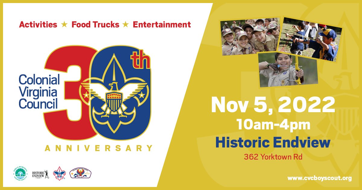 nnfestivals's tweet photo. Explore everything scouting has to offer at the 30th Anniversary of the Colonial Virginia Council on Saturday, November 5th at Historic Endview! Enjoy a fun-filled day of hands-on activities and entertainment. Free admission. Open to the public (all ages). https://t.co/mt8VHiXb98 https://t.co/JucwXVXc5m