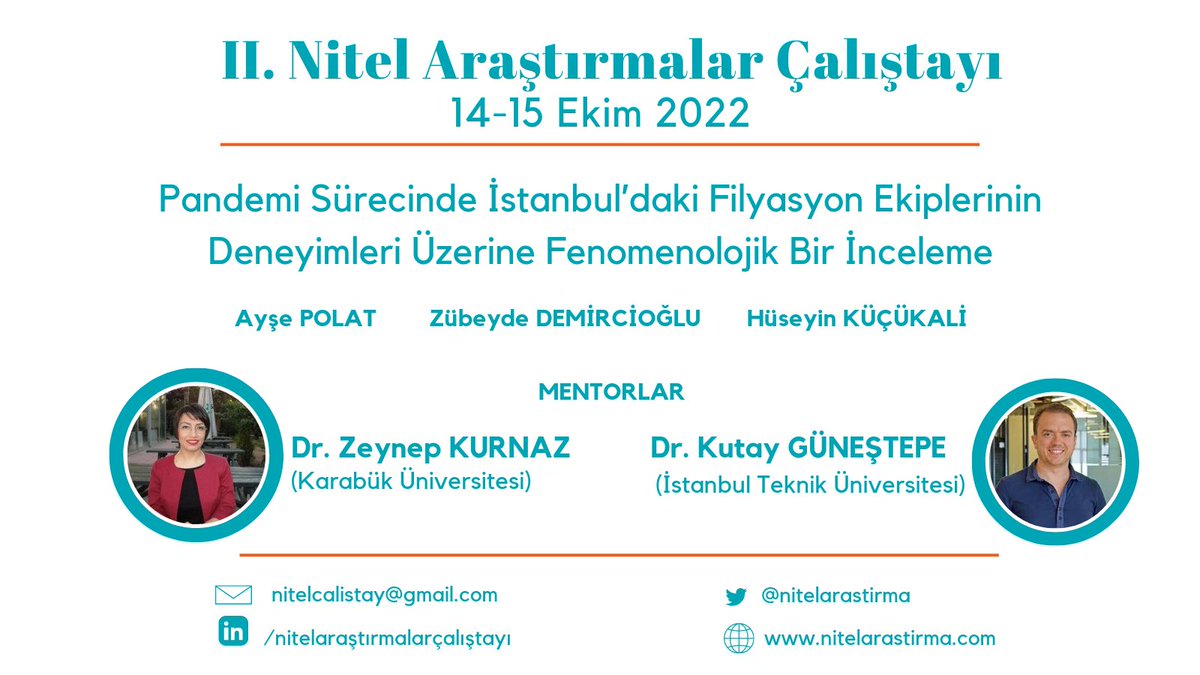 15 Ekim Nitel Araştırmalar Çalıştayı birinci oturumunda "Pandemi Sürecinde İstanbul'daki Filyasyon Ekiplerinin Deneyimleri Üzerine Fenomenolojik Bir İnceleme" başlığı altında mentorlarımız Dr. Zeynep Kurnaz ve Dr. Kutay Güneştepe ile birlikte olacağız. 
#nitelcalistay20222