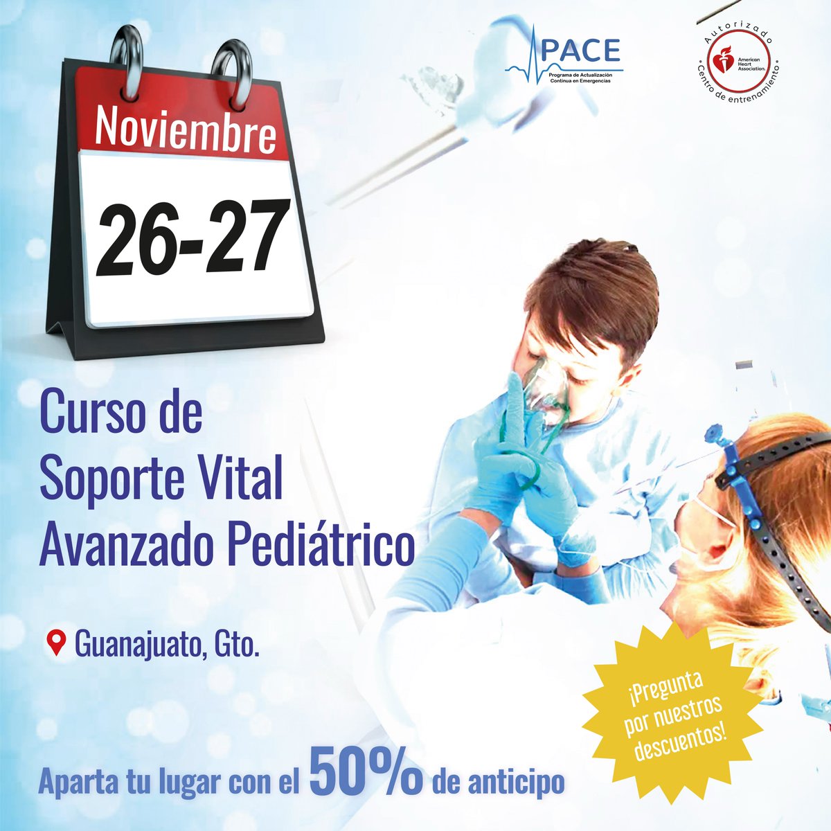 🔖𝐏𝐑𝐎𝐌𝐎𝐂𝐈𝐎𝐍𝐄𝐒 𝐃𝐈𝐒𝐏𝐎𝐍𝐈𝐁𝐋𝐄𝐒
𝐂𝐮𝐫𝐬𝐨 𝐀𝐋𝐒𝐎
📆14 y 15 Nov 22
𝐂𝐮𝐫𝐬𝐨 𝐏𝐀𝐋𝐒
📆26 y 27 Nov 22
📍 Guanajuato, Gto.
😁𝐀𝐩𝐚𝐫𝐭𝐚 𝐜𝐨𝐧 𝐞𝐥 𝟓𝟎% 𝐝𝐞 𝐚𝐧𝐭𝐢𝐜𝐢𝐩𝐨
 Whatsapp 473 118 8198
📩info@centro-pace.org
#capacitacion #cursos #SoporteVital