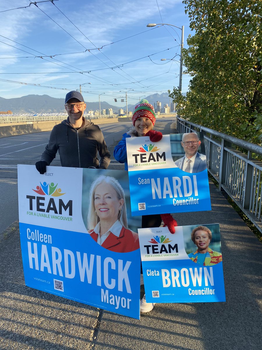 Another beautiful fall morning in Van. Thankful again for our volunteers getting the message out that TEAM is the radical change we need at city hall. <a href="/vote4team/">TEAM for a Livable Vancouver</a> <a href="/CllrHardwick/">Colleen Hardwick</a> <a href="/BillTieleman/">Bill Tieleman</a> <a href="/GracequanVan/">Grace Quan</a> <a href="/604Param/">Param Nijjar</a> <a href="/SeanNardi_YVR/">Sean Nardi</a> <a href="/CletaBrown4Van/">Cleta Brown</a> <a href="/TriciaBarker49/">Tricia Barker 🇨🇦🏴󠁧󠁢󠁳󠁣󠁴󠁿</a> @VanCityMichelle