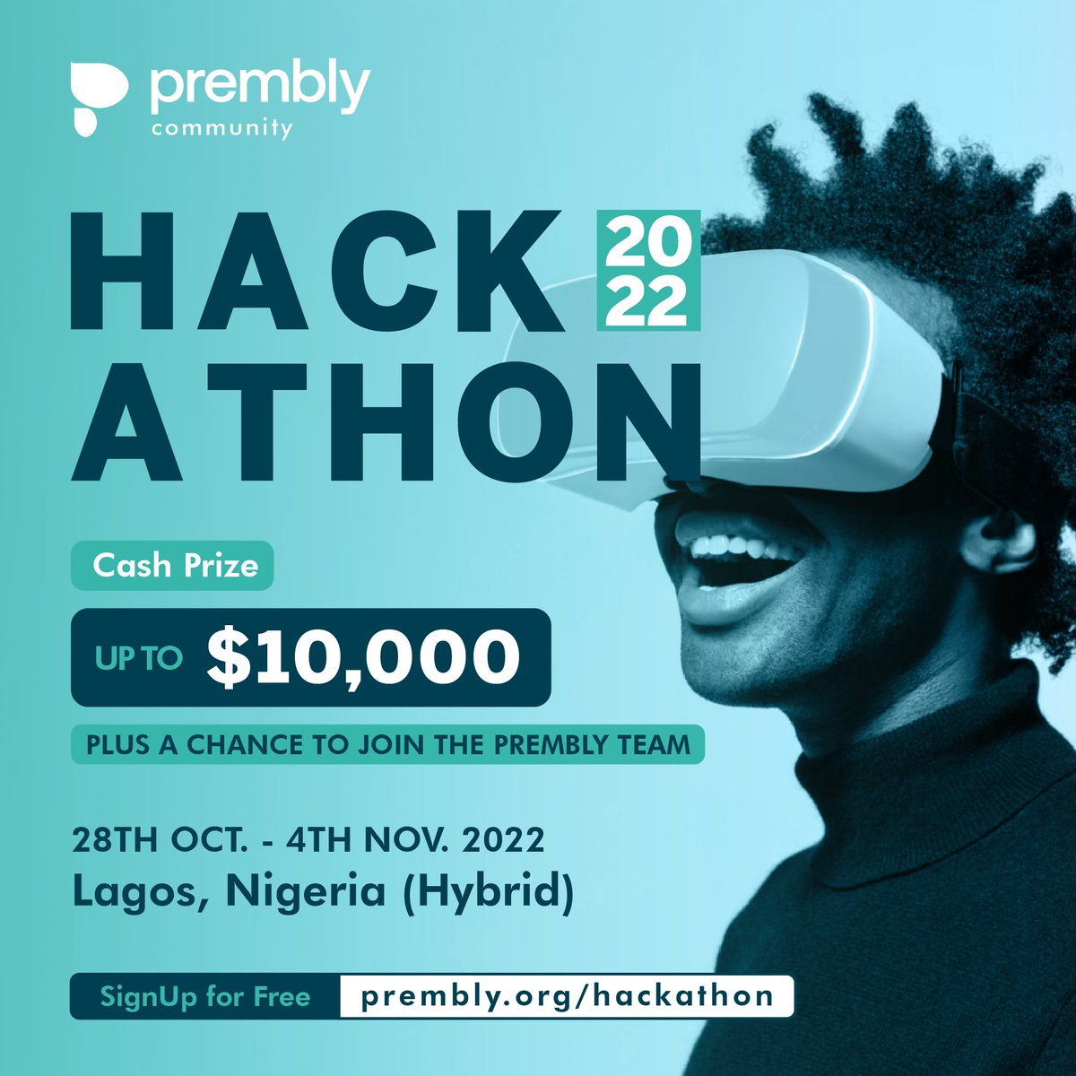 PremblyOrg's tweet photo. We are thrilled to present to you the maiden edition of our annual hackathon.

Theme:  Exploring Endless Possibilities with the power of APIs  Here's your chance to compete with developers across Africa and win a whooping sum of $10,000 
#Thread https://t.co/LCJ2hZXZSP
