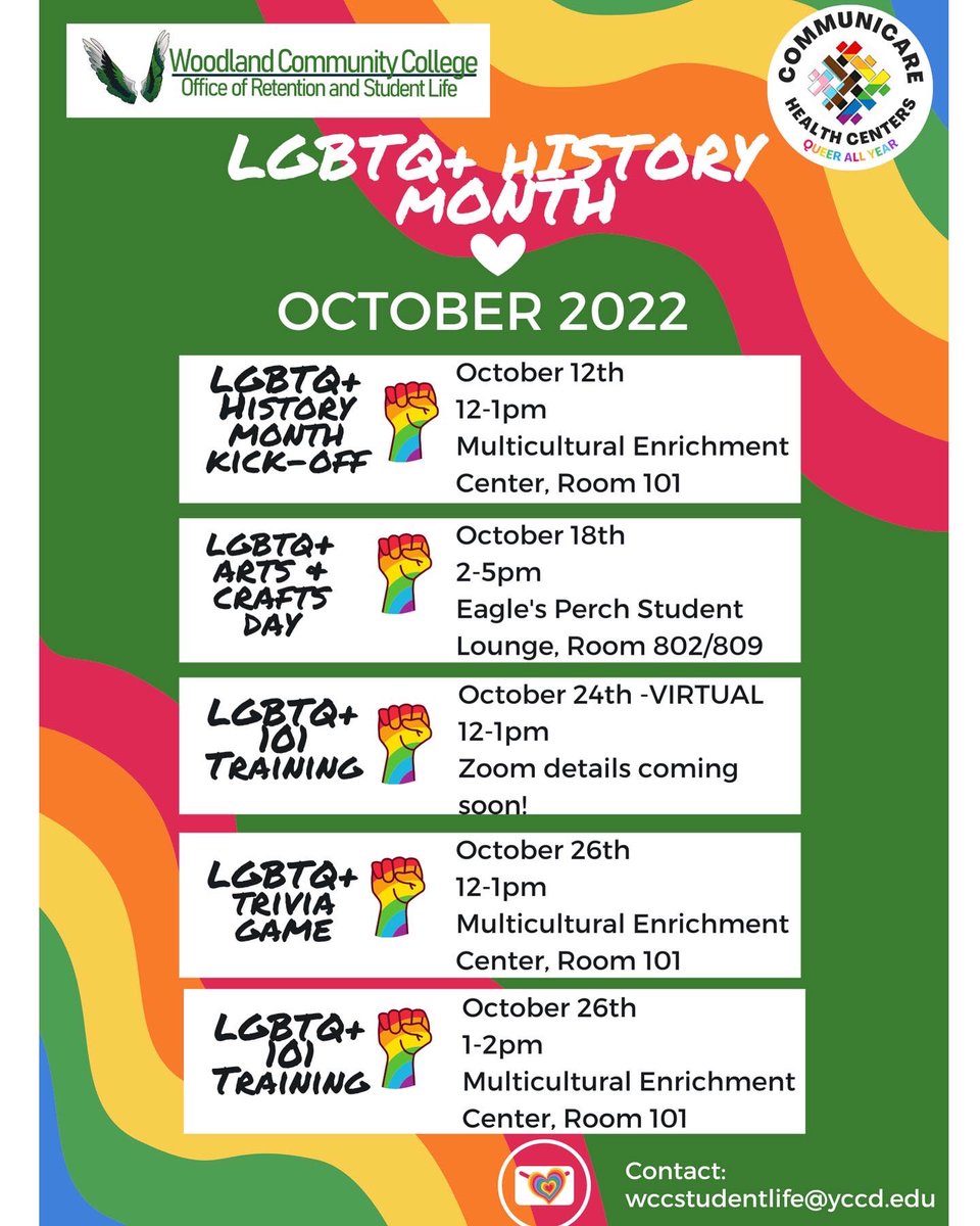 🏳️‍🌈⭐️Attention WCC Eagles join us TODAY for our LGBTQ+ history month kick off! 
Stop by the Multicultural Enrichment Center (room 101) from 12-1 to take part in learning about the importance of this month. Check out our post for more details, scroll to see our upcoming events🏳️‍🌈⭐️