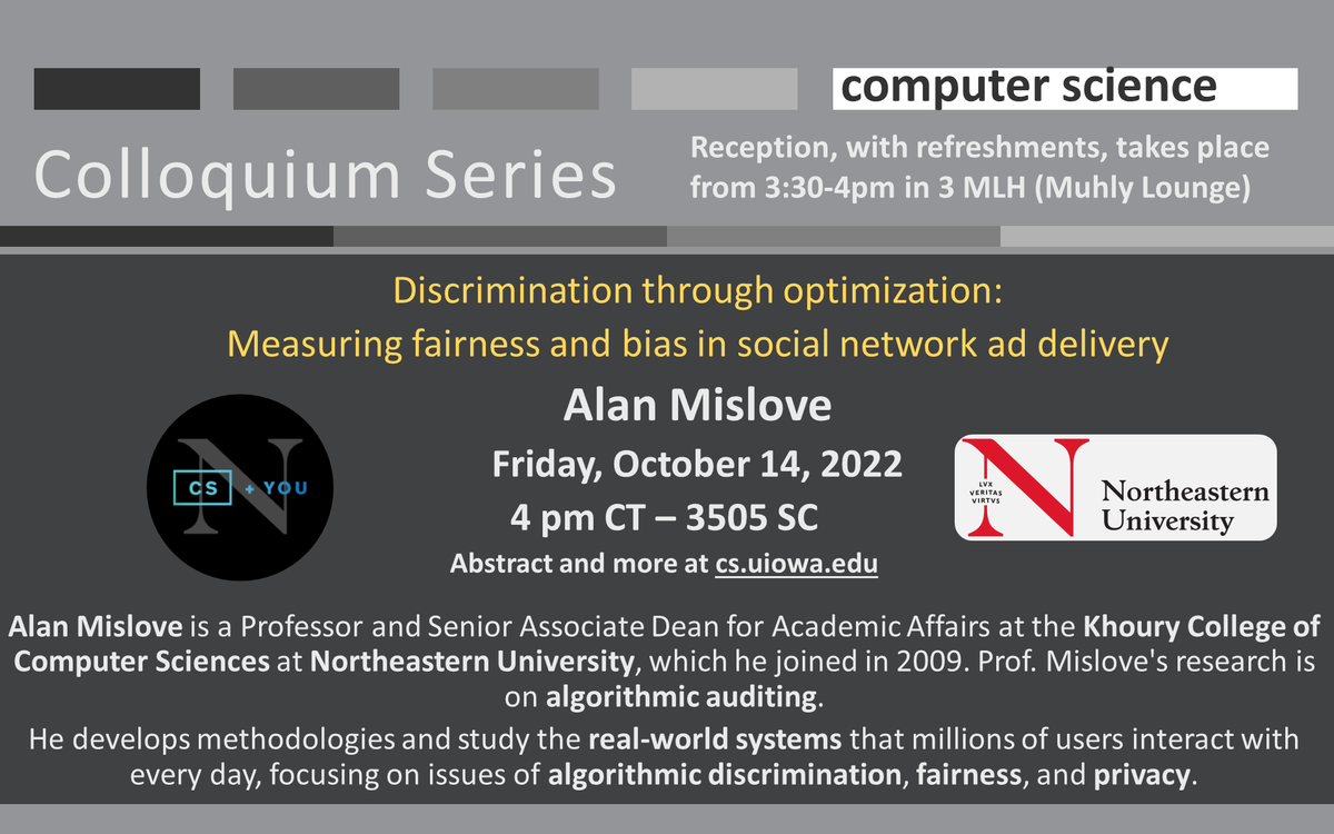 📢 Join us Friday 10/14 4pm CT for '#Discrimination through #optimization: #MeasuringFairness ➕ #bias in #SocialNetwork #AdDelivery' @amislove will 💬 steps to findings of previously unknown mechanisms that can lead to #discriminatory ad delivery. Deets @ bit.ly/mislove_10_14