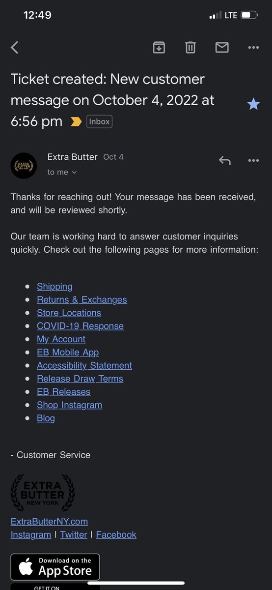 cammnorman's tweet photo. i reached out concerning my order on october 4th, right after it arrived.  

your website says you reply the “next business day”, but it’s been over a week! @ExtraButter https://t.co/ASsjx7S2qO