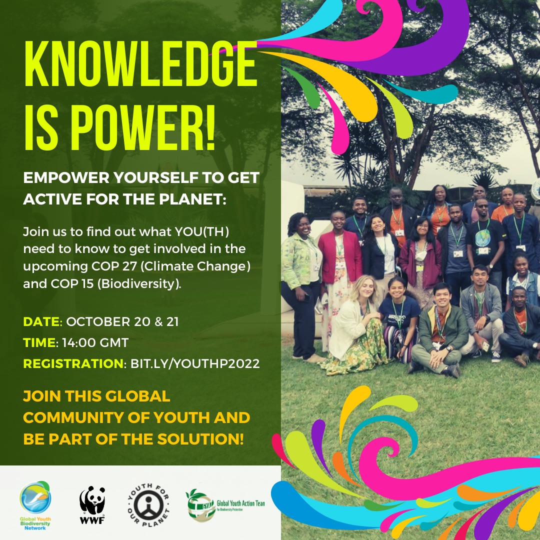Knowledge is power! Join us to find out what YOU(TH) need to know to get involved in the upcoming COP 27 (Climate Change) and COP 15 (Biodiversity) 🗓️: October 20 and 21 ⏰14:00 GMT ➡️Register here: bit.ly/YouthP2022